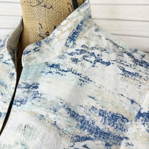 Chico’s Watercolor Linen Blend Open Front Topper Jacket White Blue Small - Picture 5 of 14